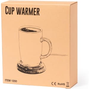 A cup warmer package in a brown box, featuring a drawing of a mug on a warming base. It includes a logo.