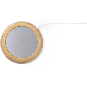 A round cup warmer with a wooden base and a silver heating surface, featuring a connecting cable.