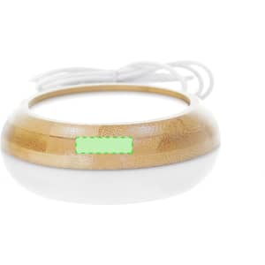 A bamboo cup warmer with a smooth finish and a white power cord, featuring a branding area.