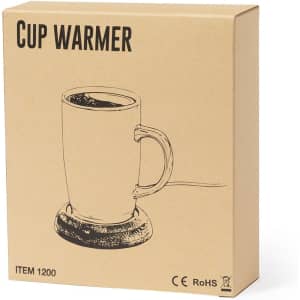 A cup warmer in a brown cardboard box featuring a simple illustration of a mug on a warmer base.