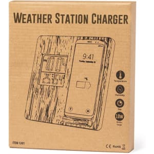 A cardboard packaging featuring a wooden design, displaying a weather station charger with a phone charging illustration.