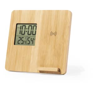 A bamboo weather station charger with a digital display showing time and temperature. It features a wireless charging area.