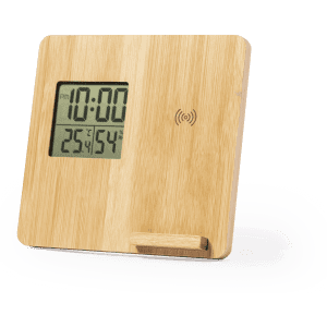 A bamboo wireless charger with a digital clock and temperature display, featuring a sleek design and neutral tones.