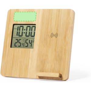 A bamboo wireless charger with a digital clock display, showing time and temperature. It has a sleek, minimalist design.
