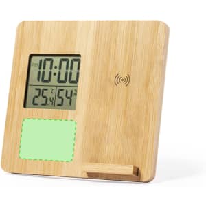 A bamboo wireless charger and weather station with a digital display for time and temperature. Features a minimalistic design.