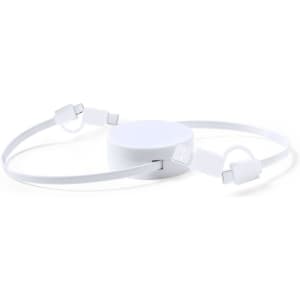 A white charging cable with a round connector and two ends for device connection, featuring a logo.