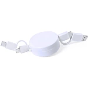 A white retractable charging cable with USB and two connectors on either end. Features a round casing.