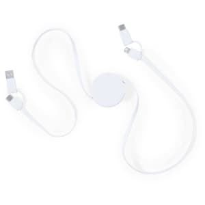 A white retractable charging cable with USB connectors on both ends. It has a compact, circular design.