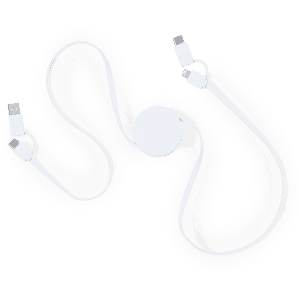 A white charging cable with USB connectors, coiled into a wavy shape, featuring a round section for storage.