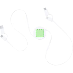A white charging cable with multiple ends, featuring a circular connector and branding on the main body.