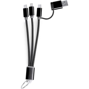 A charging cable with three connectors, featuring a black and silver design and a keyring attachment.