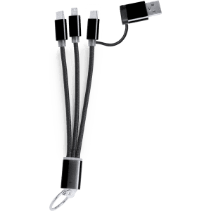 A multi-head charging cable in black and clear, featuring USB connectors and a keychain attachment.