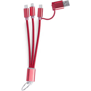 A red charging cable with multiple connectors and a keyring attachment. It features braided cables for durability.