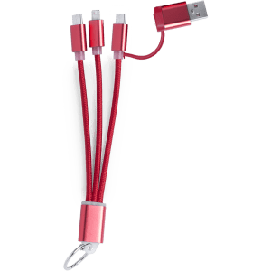 A red charging cable with multiple connectors, featuring a compact design and a loop for easy storage.