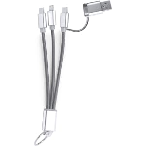 A silver charging cable with multiple connectors, featuring a keyring attachment for convenience.