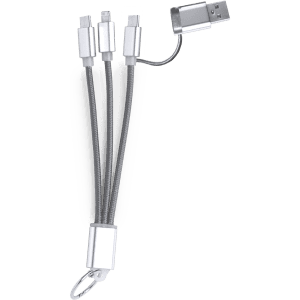A silver charging cable with multiple connectors and a loop for attachment, featuring a sleek design.