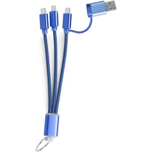 A blue charging cable with three connectors, featuring a USB port and a keyring attachment.