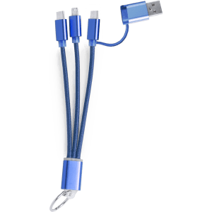 A charging cable with multiple connectors, featuring a blue and silver design and a keyring attachment.