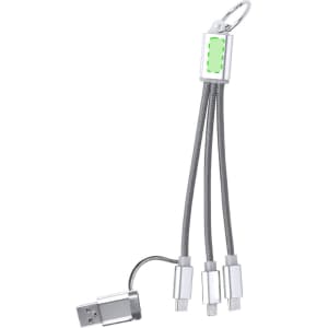 A charging cable with three connectors—USB, micro USB, and Lightning—attached to a keychain, featuring a silver and green design.