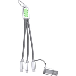 A silver charging cable with three connectors and a keyring attachment, featuring a small green element.