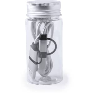A charging cable wrapped in a grey and white braided design, housed in a clear container with a silver lid.