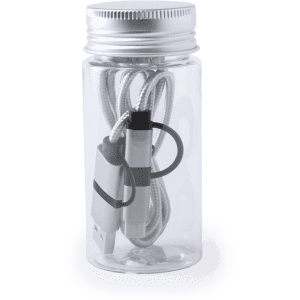 A charging cable in a clear jar, featuring a silver lid and grey and white braided design. The jar has a logo.