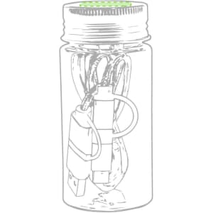 A USB charging cable coiled inside a transparent jar, showcasing its connectors and a logo on the jar.