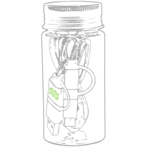 A clear jar containing a green Trentex charging cable with connectors for phone charging.