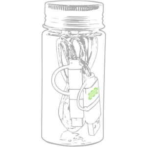 A charging cable neatly coiled inside a clear container, featuring a logo and a mix of grey and green colours.
