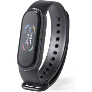 A black smart bracelet featuring a curved display, various icons, and a strap with multiple adjustment holes.
