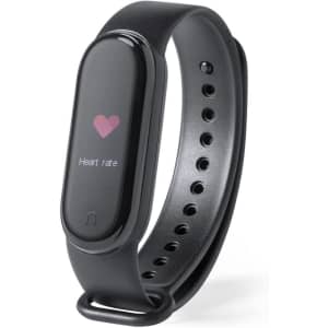 A black smart bracelet with a heart rate monitor display and adjustable strap, featuring a logo on the side.