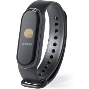 A black smart bracelet featuring a curved display with weather information and a branded logo.