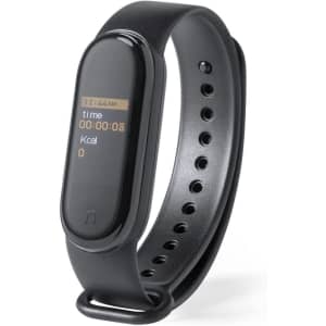 A black smart bracelet with a digital display showing time and activity metrics. It features a sleek design and adjustable strap.