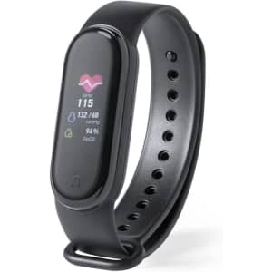 A black smart bracelet with a display showing heart rate, blood oxygen levels, and wellness metrics. It features a sleek design.