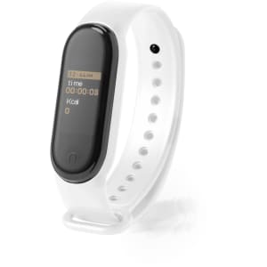 A smart bracelet with a black display and white strap, featuring a logo on the side.