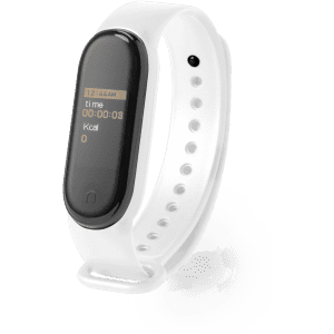 A smart bracelet with a slim white band and a black display screen. Includes a logo on the band.