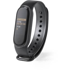 A black smart bracelet with a digital display, featuring a sleek design and adjustable strap.