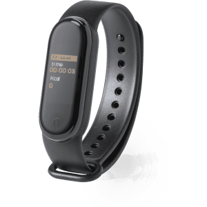 A black smart bracelet with a sleek design, featuring a digital display for time and activity tracking.
