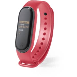A red smart bracelet with a black screen displaying time and calorie count. Features a hole-punched strap and a logo.
