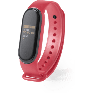 A red smart bracelet with a black display and a sleek design, featuring various measurement options.