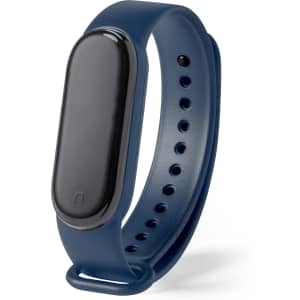 A navy smart bracelet with a black display and a wrist strap featuring ventilation holes. It has a logo on the side.