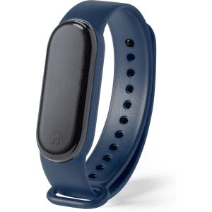 A navy blue smart bracelet featuring a sleek black display and a strap with ventilation holes, includes a logo.