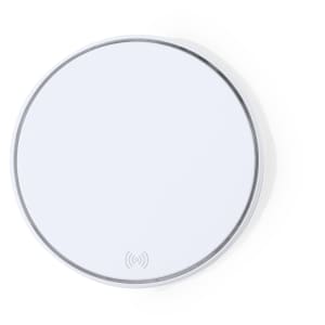 A round, white wireless charger featuring a sleek design and a logo on the surface.