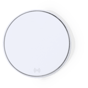 A wireless charger in a sleek round design, featuring a white surface and a subtle logo.