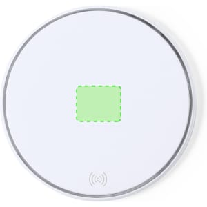 A wireless charger in white with a circular design and a marked charging area. It features a subtle logo at the base.