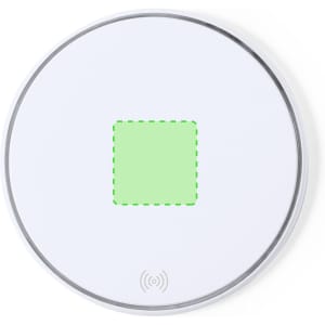 A round white wireless charger with a green indicator square in the centre. It features a branding logo.