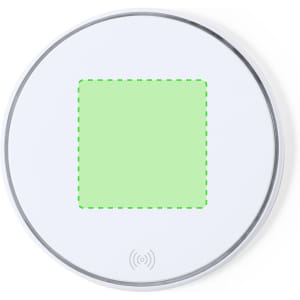 A round wireless charger in white with a green charging area, featuring a silver edge and a small logo.