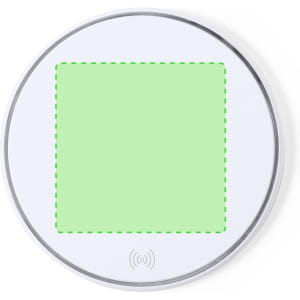 A wireless charger in white with a square charging area outlined in green and a logo at the bottom.