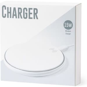 A white wireless charger in packaging featuring a logo. The design is sleek and modern, with a circular shape.