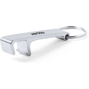 A silver multifunction keyring with a logo, featuring an integrated bottle opener and a sleek design.